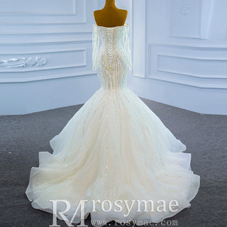 Off the Shoulder Pageant Dress Mermaid Wedding Dress with Long Sleeve - Rosymae