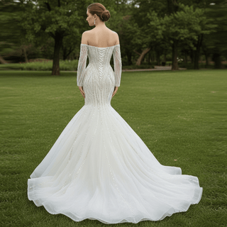 Off the Shoulder Pageant Dress Mermaid Wedding Dress with Long Sleeve - Rosymae