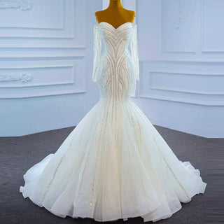 Off the Shoulder Pageant Dress Mermaid Wedding Dress with Long Sleeve - Rosymae