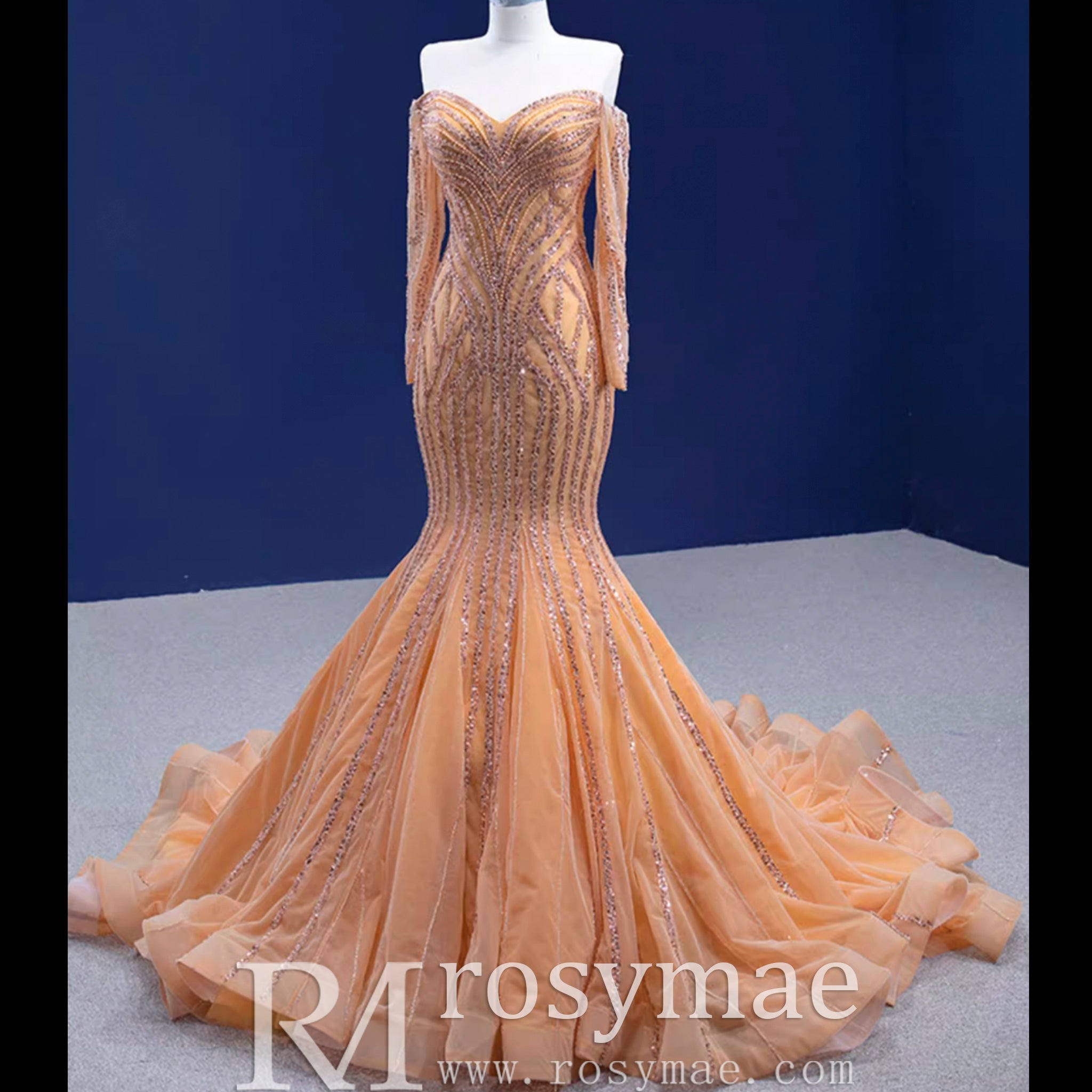 Off the Shoulder Pageant Dress Mermaid Wedding Dress with Long Sleeve - Rosymae