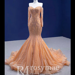 Off the Shoulder Pageant Dress Mermaid Wedding Dress with Long Sleeve - Rosymae