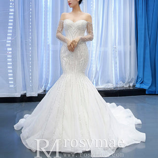 Off the Shoulder Pageant Dress Mermaid Wedding Dress with Long Sleeve - Rosymae