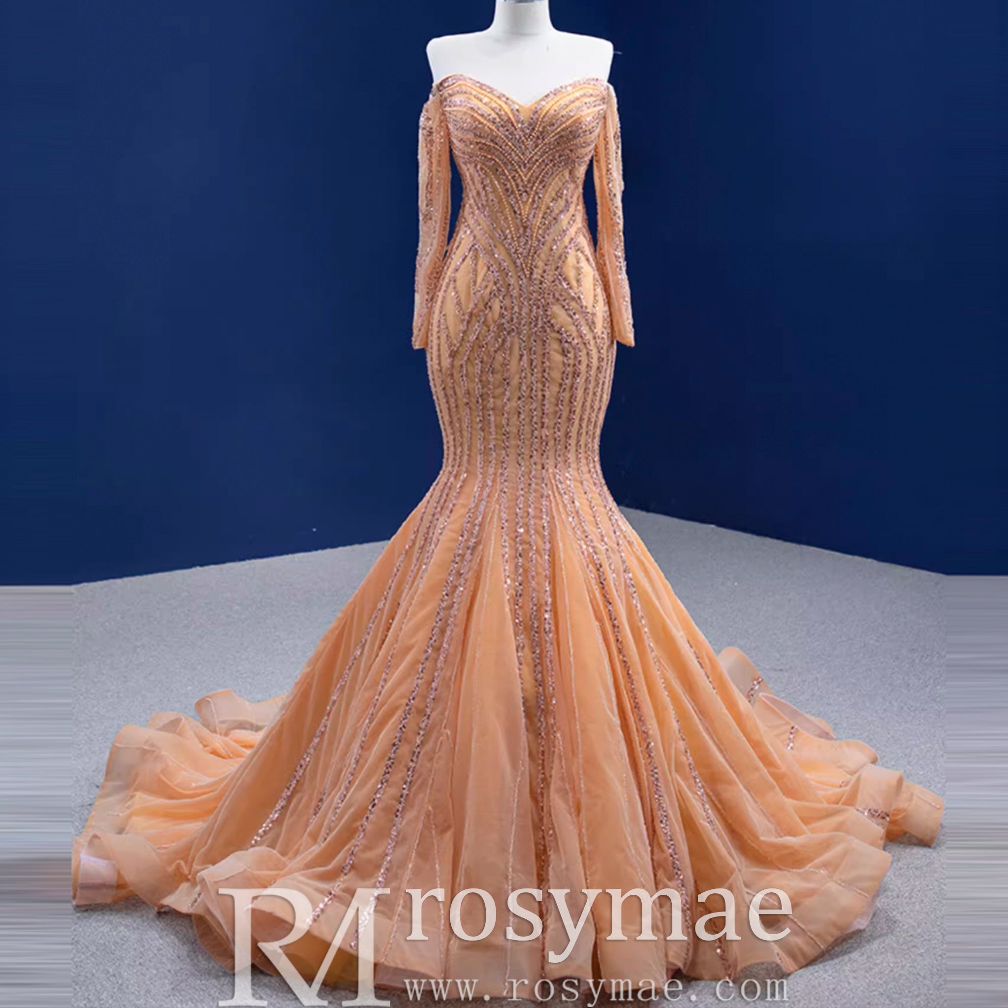 Off the Shoulder Pageant Dress Mermaid Wedding Dress with Long Sleeve - Rosymae
