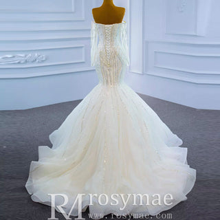 Off the Shoulder Pageant Dress Mermaid Wedding Dress with Long Sleeve - Rosymae