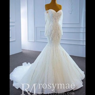 Off the Shoulder Pageant Dress Mermaid Wedding Dress with Long Sleeve - Rosymae