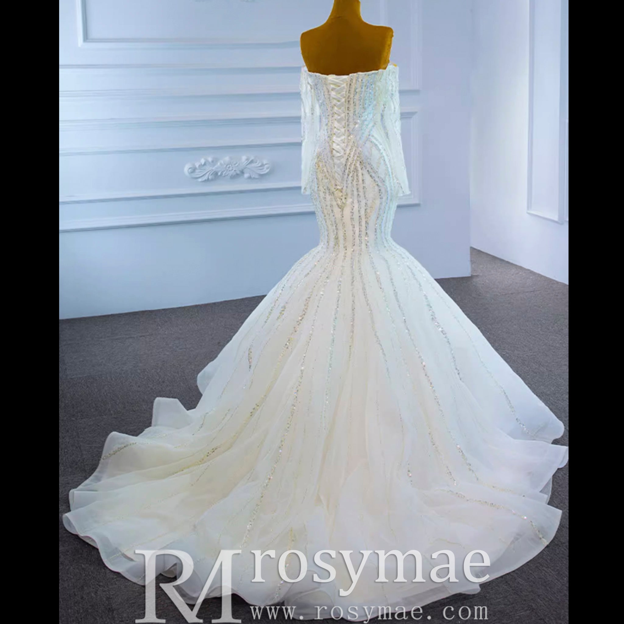 Off the Shoulder Pageant Dress Mermaid Wedding Dress with Long Sleeve - Rosymae