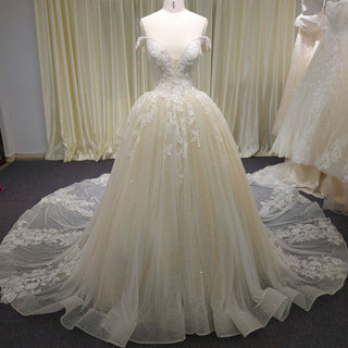 Off the Shoulder Pale Yellow Sparkly Wedding Dress with Long Train - Rosymae