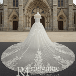 Off the Shoulder Pale Yellow Sparkly Wedding Dress with Long Train - Rosymae