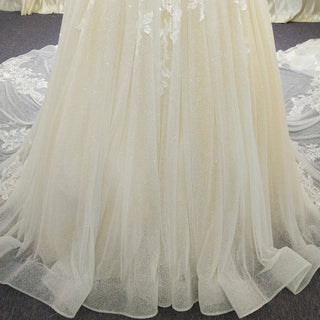 Off the Shoulder Pale Yellow Sparkly Wedding Dress with Long Train - Rosymae