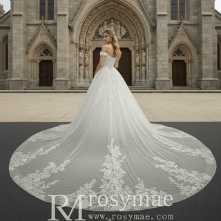 Off the Shoulder Pale Yellow Sparkly Wedding Dress with Long Train - Rosymae