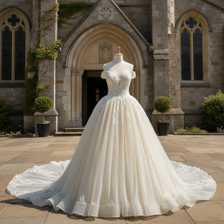 Off the Shoulder Pale Yellow Sparkly Wedding Dress with Long Train - Rosymae