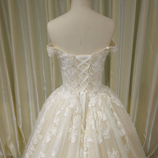 Off the Shoulder Pale Yellow Sparkly Wedding Dress with Long Train - Rosymae