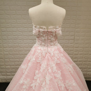 Off the Shoulder A-line Pink Wedding Dress with Floral Lace