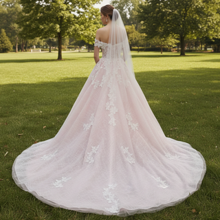 Romantic Off the Shoulder A-line Pink Sparkly Wedding Dress with Floral Lace