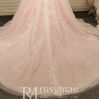 Off the Shoulder A-line Pink Wedding Dress with Floral Lace
