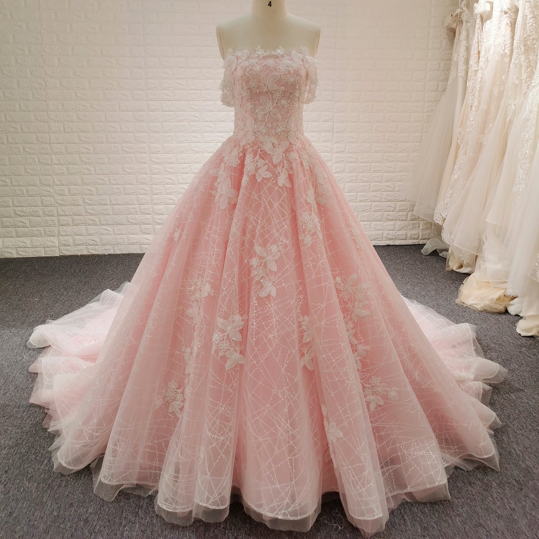Romantic Off the Shoulder A-line Pink Sparkly Wedding Dress with Flora Rosymae Romantic Off the Shoulder A-line Pink Sparkly Wedding Dress with Flora Rosymae