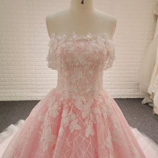 Off the Shoulder A-line Pink Wedding Dress with Floral Lace