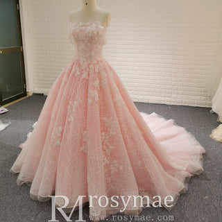 Off the Shoulder A-line Pink Wedding Dress with Floral Lace
