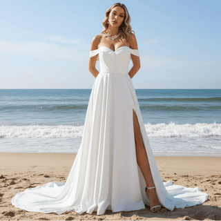 Off the Shoulder Pleated Bodice A-line Wedding Dress with V-Neck and Slit - Rosymae