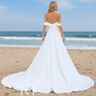 Off the Shoulder Pleated Bodice A-line Wedding Dress with V-Neck and Slit - Rosymae