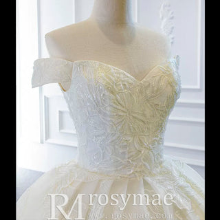 Off the Shoulder Puffy Ball Gown Wedding Dress with Ruch - Rosymae
