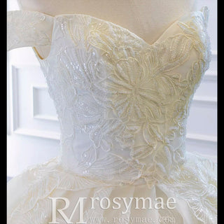 Off the Shoulder Puffy Ball Gown Wedding Dress with Ruch - Rosymae