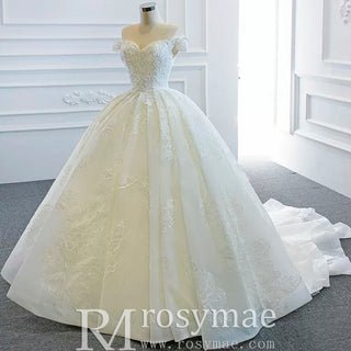 Off the Shoulder Puffy Ball Gown Wedding Dress with Ruch - Rosymae