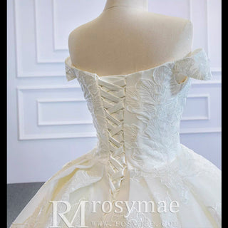 Off the Shoulder Puffy Ball Gown Wedding Dress with Ruch - Rosymae