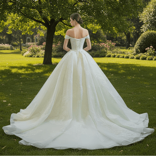 Off the Shoulder Puffy Ball Gown Wedding Dress with Ruch - Rosymae