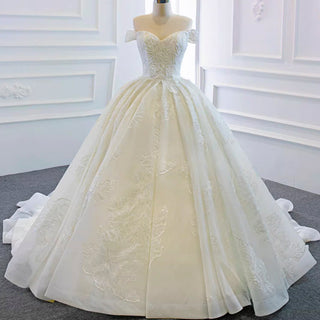 Off the Shoulder Puffy Ball Gown Wedding Dress with Ruch - Rosymae