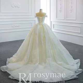 Off the Shoulder Puffy Ball Gown Wedding Dress with Ruch - Rosymae