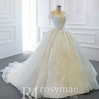 Off the Shoulder Puffy Ball Gown Wedding Dress with Ruch - Rosymae