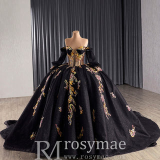 Off the Shoulder Puffy Black Quinceanera Dress For Sweet 15 16 Girls