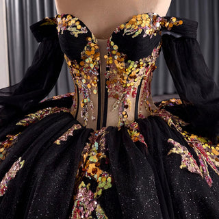 Off the Shoulder Puffy Black Quinceanera Dress For Sweet 15 16 Girls