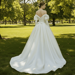 Off the Shoulder Puffy Long Sleeve Satin Wedding Dresses - Rosymae