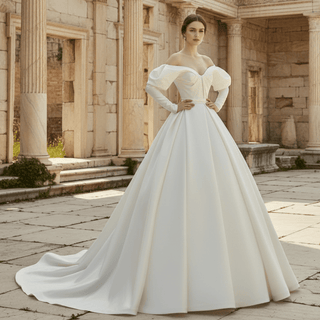 Off the Shoulder Puffy Long Sleeve Satin Wedding Dresses - Rosymae