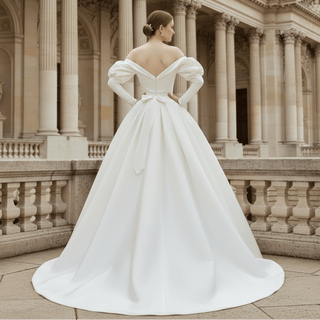 Off the Shoulder Puffy Long Sleeve Satin Wedding Dresses - Rosymae