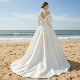Off the Shoulder Puffy Long Sleeve Satin Wedding Dresses - Rosymae