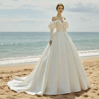 Off the Shoulder Puffy Long Sleeve Satin Wedding Dresses - Rosymae