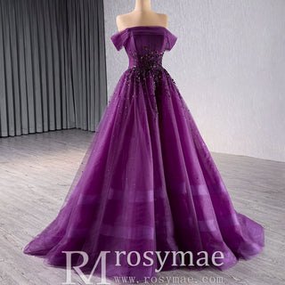 Off the Shoulder Purple A-line Tulle Prom Dress Evening Gown - Rosymae