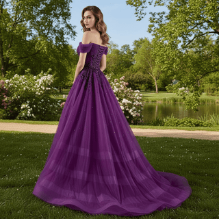 Off the Shoulder Purple A-line Tulle Prom Dress Evening Gown - Rosymae