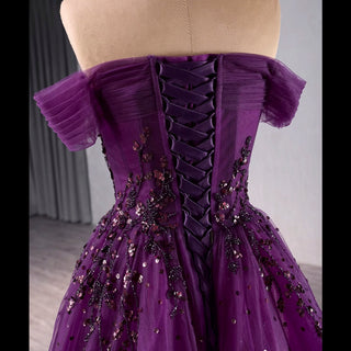 Off the Shoulder Purple A-line Tulle Prom Dress Evening Gown - Rosymae