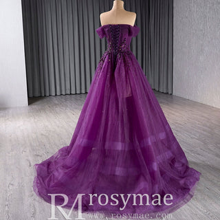 Off the Shoulder Purple A-line Tulle Prom Dress Evening Gown - Rosymae