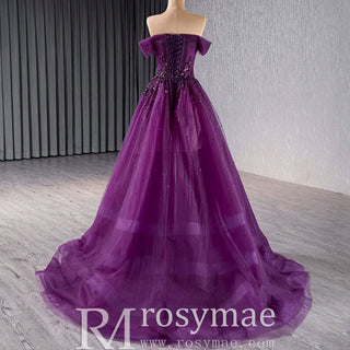 Off the Shoulder Purple A-line Tulle Prom Dress Evening Gown - Rosymae