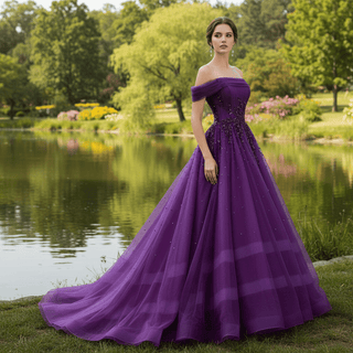 Off the Shoulder Purple A-line Tulle Prom Dress Evening Gown - Rosymae