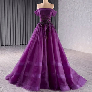 Off the Shoulder Purple A-line Tulle Prom Dress Evening Gown - Rosymae
