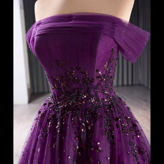 Off the Shoulder Purple A-line Tulle Prom Dress Evening Gown - Rosymae