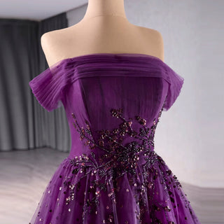 Off the Shoulder Purple A-line Tulle Prom Dress Evening Gown - Rosymae