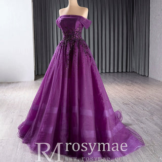 Off the Shoulder Purple A-line Tulle Prom Dress Evening Gown - Rosymae