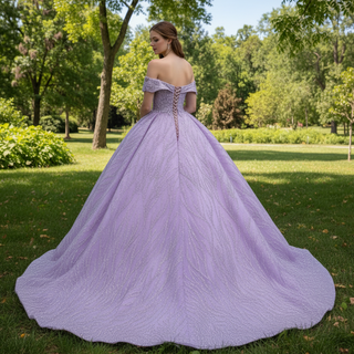 Sparkly Elegant Ball Gown Purple Wedding Dress with Off the Shoulder